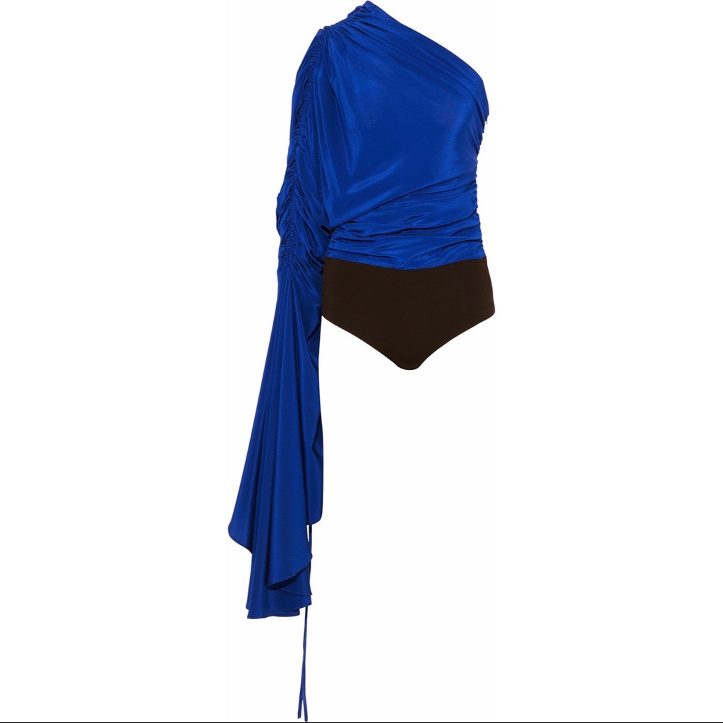 1-Shoulder Draped 2-Tone Silk-Satin Bodysuit